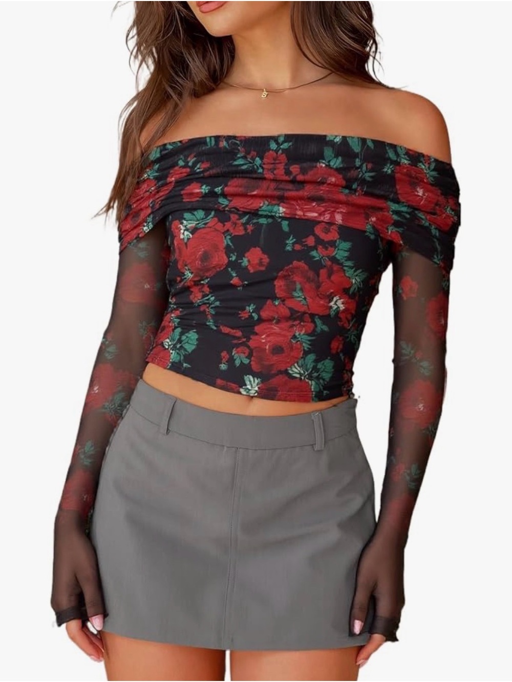 Off-Shoulder Red Floral Mesh Crop Top